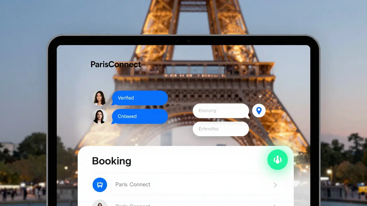 Digital booking interface with safety features like encrypted chat and panic button, Eiffel Tower visible in background.