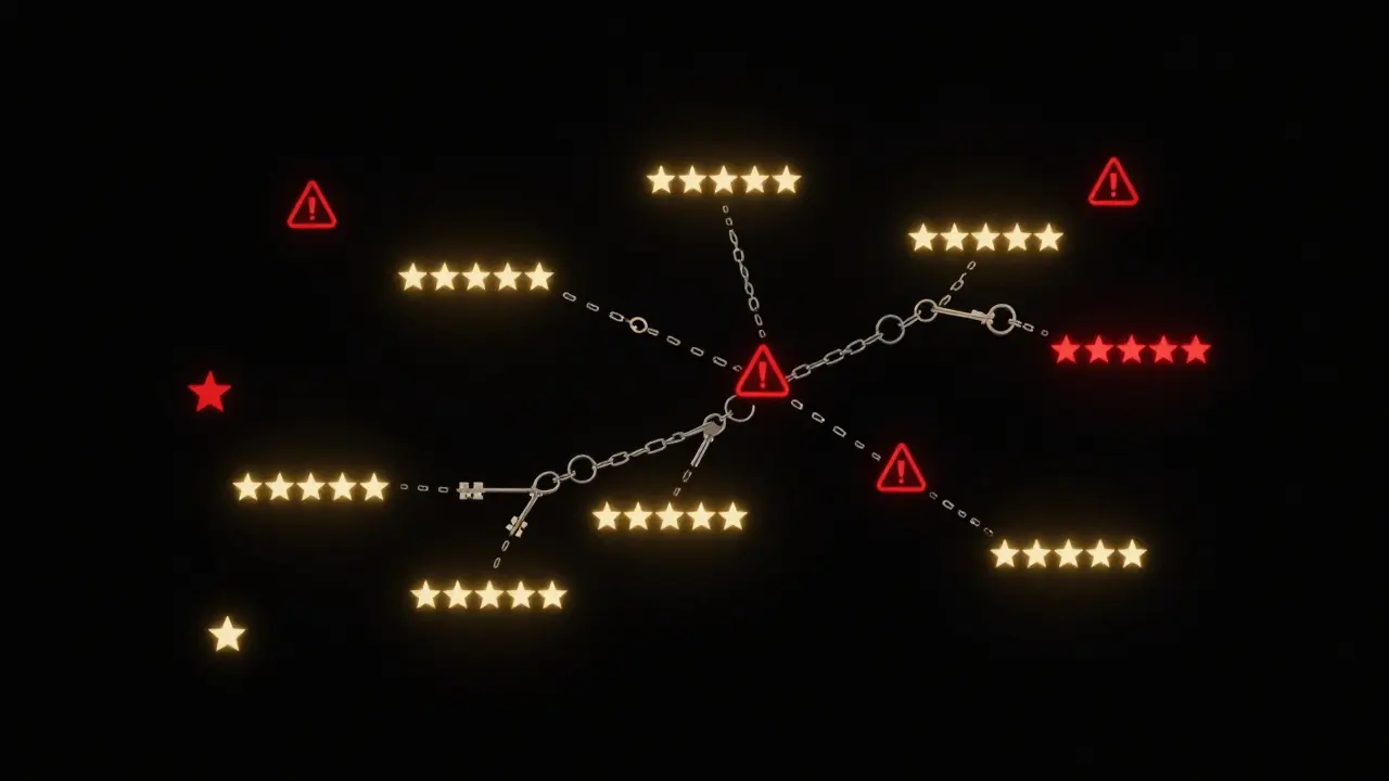Floating digital review stars and keys symbolizing trust in an underground network