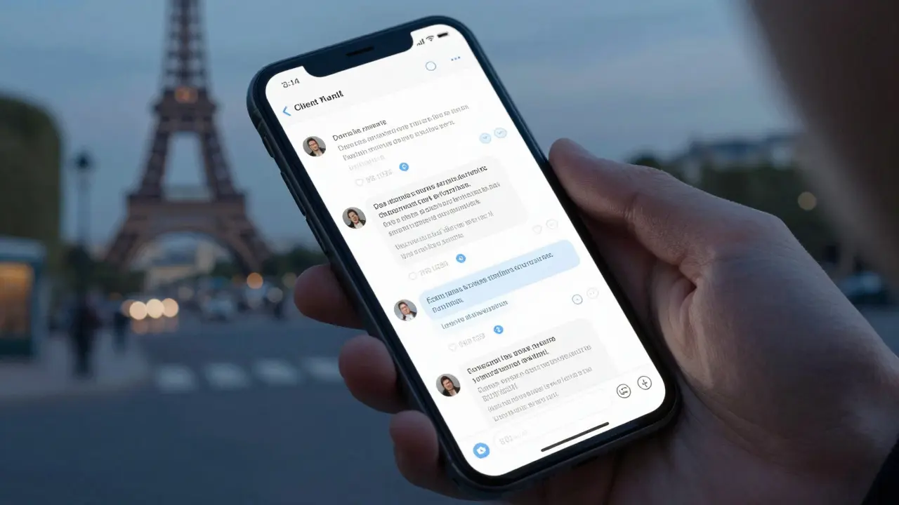 Hand scrolling through encrypted messages with client reviews and safety details