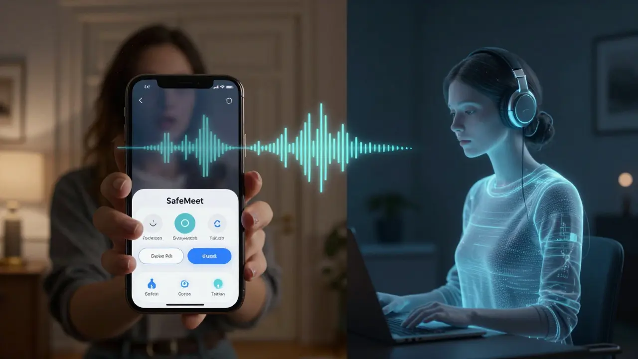 Split scene: woman activating safety app beside a glowing AI companion hologram in a quiet room.